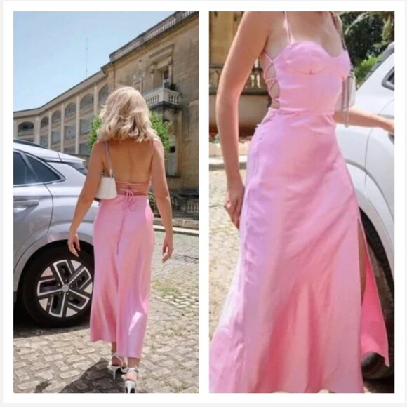 ZARA Bubblegum Pink Satin Effect Slit Strappy Back Embossed Cups Midi Dress $69. - Picture 1 of 17